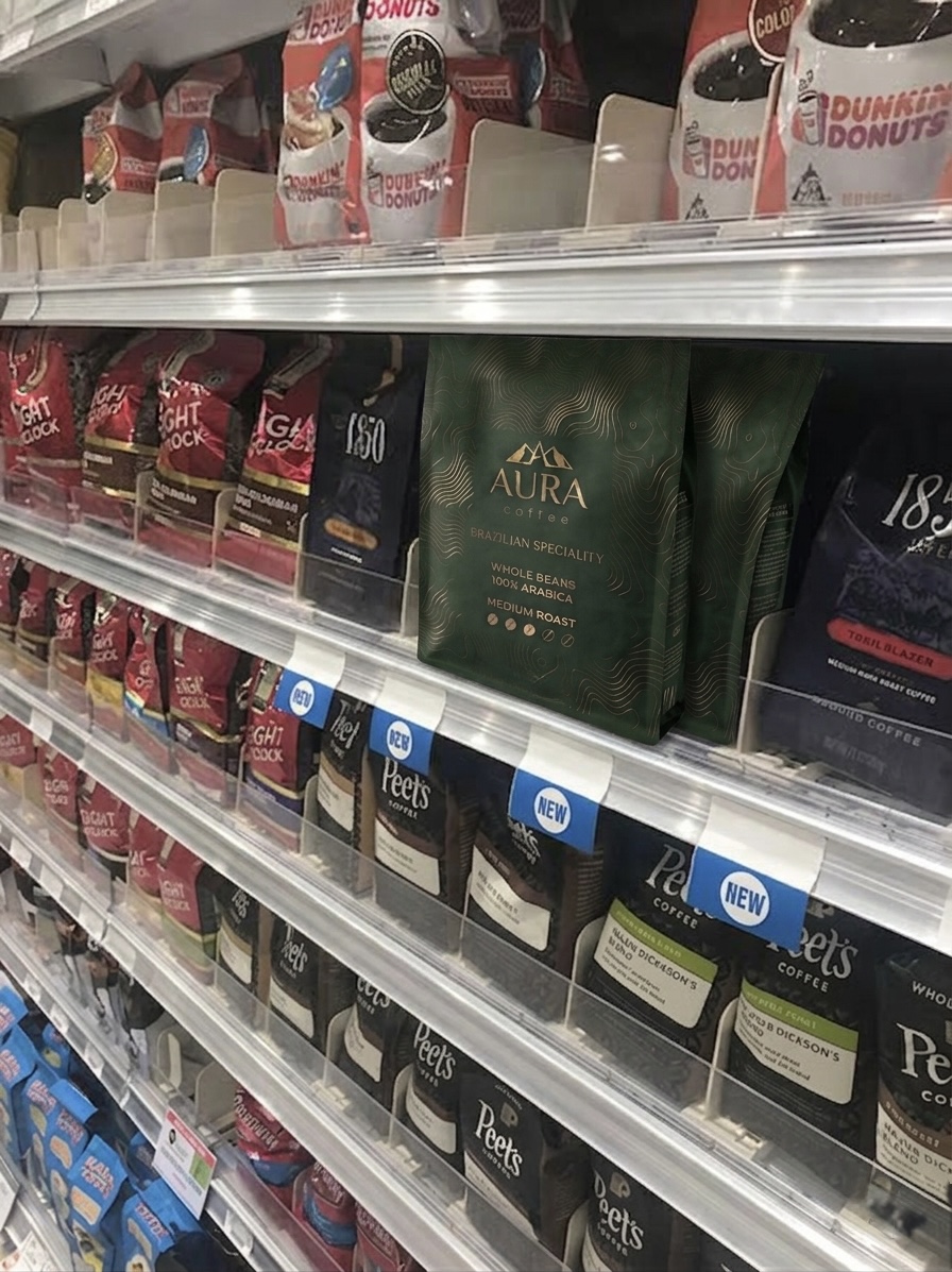 Aura Coffee on a grocery store shelf ready for retail
