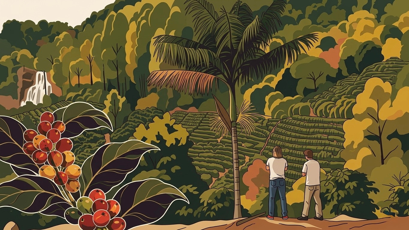 Illustrated coffee farm landscape with terraced hills and coffee cherries
