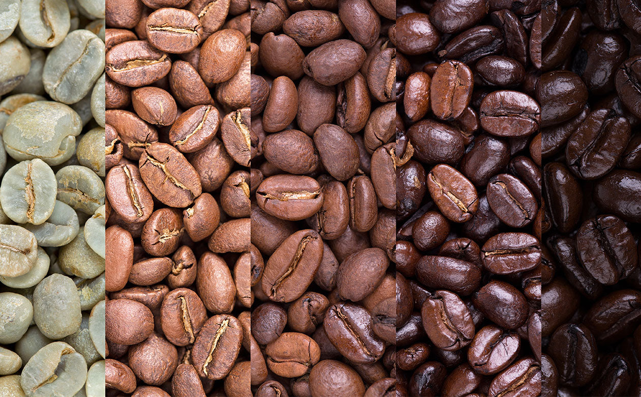 Coffee beans at progressive roast levels from green to dark roast
